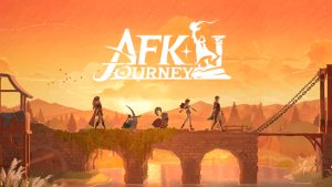 Meilleurs jeux pour ordinateurs portables : AFK Journey. L'image montre des personnages sérieux marchant sur un pont au coucher du soleil sous le logo AFK Journey.