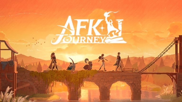 Meilleurs jeux pour ordinateurs portables : AFK Journey. L'image montre des personnages sérieux marchant sur un pont au coucher du soleil sous le logo AFK Journey.