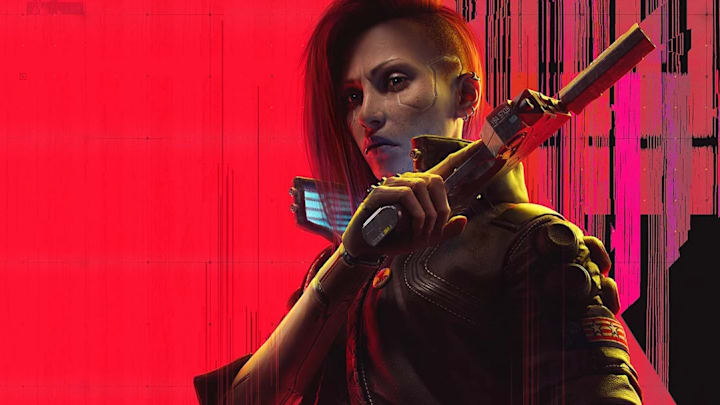 Female V tient un pistolet sur son épaule gauche et regarde la caméra dans Cyberpunk 2077 key art.