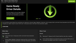 Capture d'écran de la page de mise à jour du pilote Nvidia Game Ready montrant la prise en charge de la génération d'images multiples dans GTA 5 Enhanced.