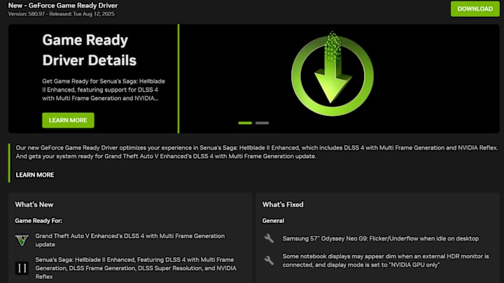 Capture d'écran de la page de mise à jour du pilote Nvidia Game Ready montrant la prise en charge de la génération d'images multiples dans GTA 5 Enhanced.