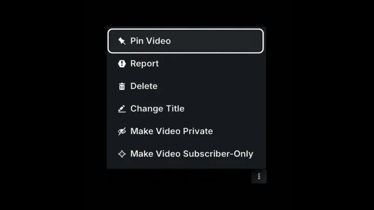 Menu Kick affichant l’option Pin Video pour épingler une VOD