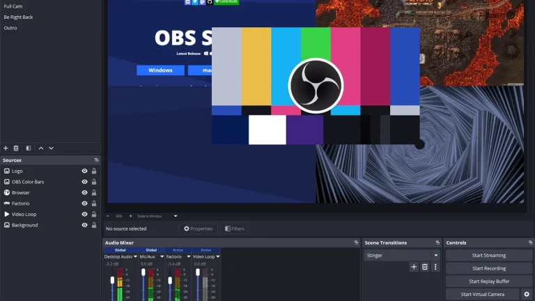 Interface d’OBS Studio avec aperçu, mixeur audio, scènes et commandes de streaming