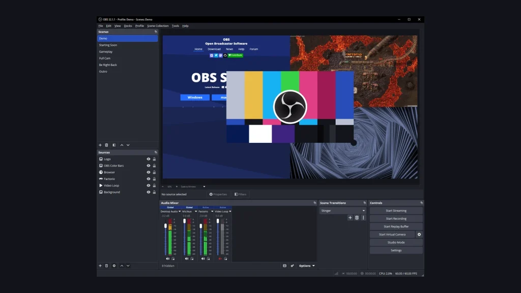 Interface officielle d’OBS Studio avec scènes, sources, mixeur audio et commandes de streaming